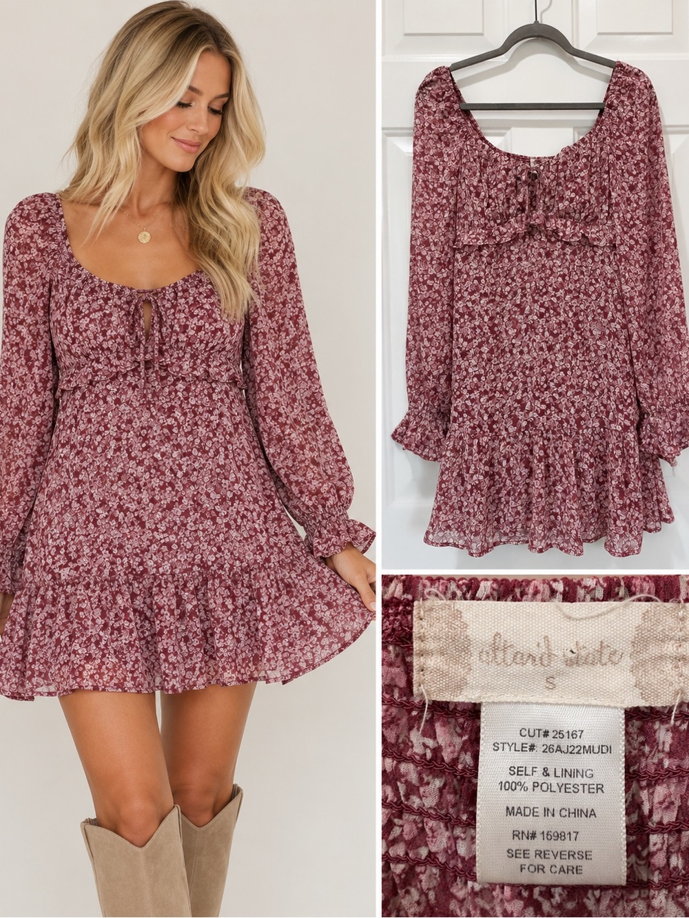 Altar’d State Burgundy Floral Long Sleeve Mini Dress Size S